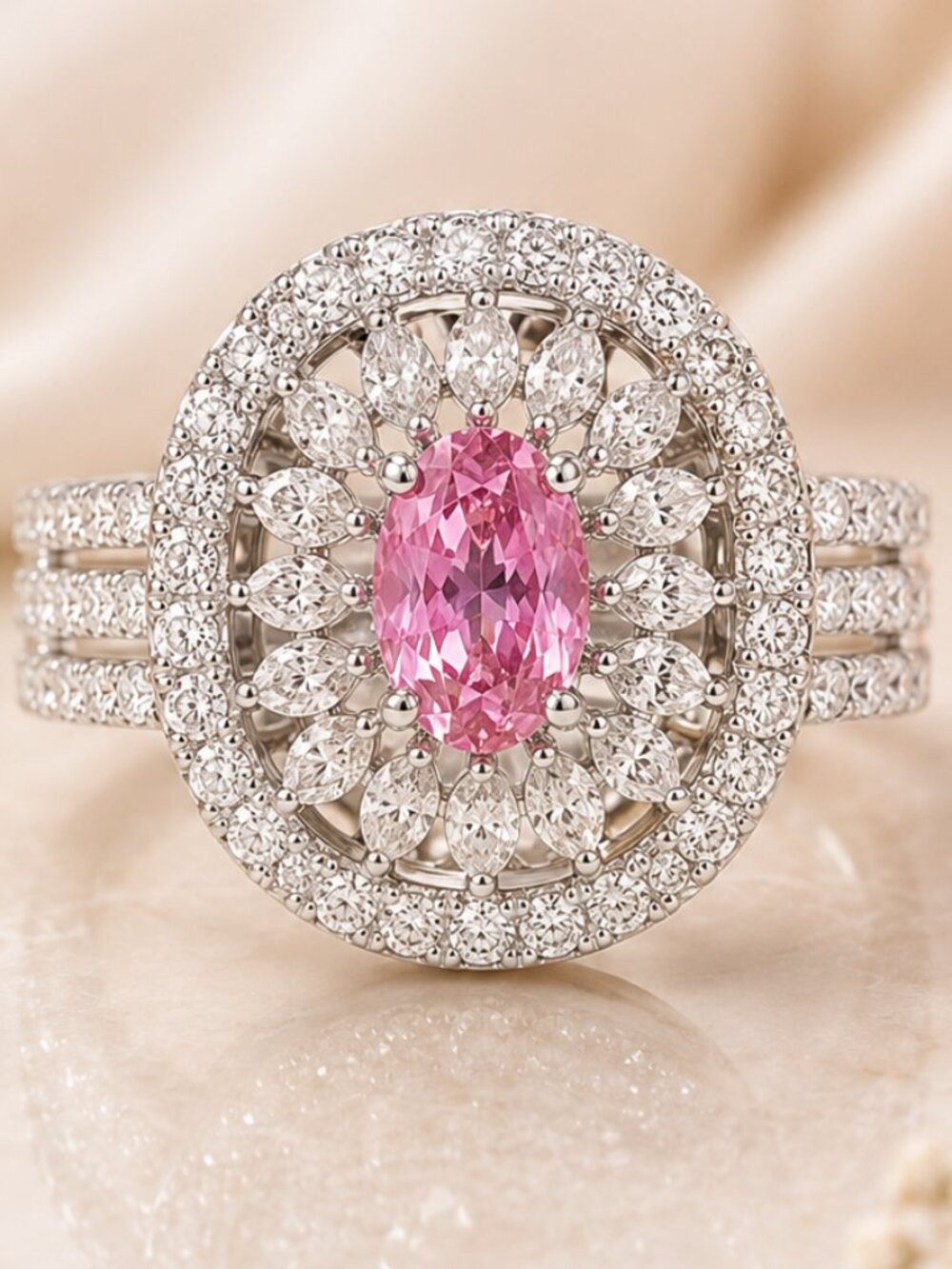 Pink Sapphire & Lab Diamond Halo Ring